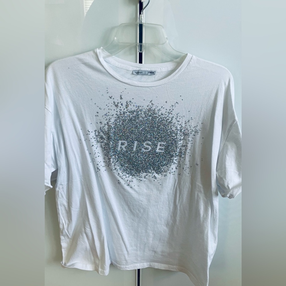 Zara White holographic Graphic white T-Shirt M glitter